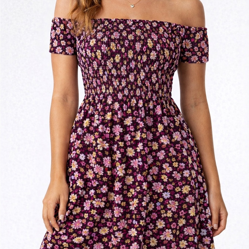 PINK Victoria’s Secret Floral Smocked Off Shoulder Dress Boho Cottagecore M